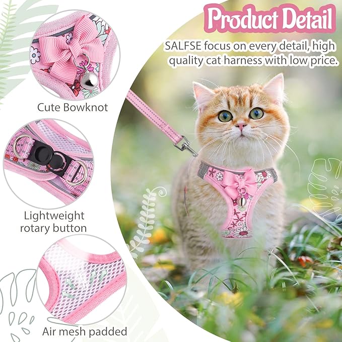 Cat Harness and Leash Escape Proof for Walking, Adjustable Soft Kitten Harness with Reflective Straps Step in Cat Vest Harness for Small Kitten and XS Dogs (Pink, XS-Chest(10.2"-11.8"))