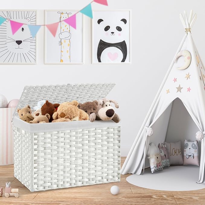 240L Wicker Storage Basket with Lid, Handwoven Rattan Large Shelf Basket with Removable Liner, 63.5 Gallon Wicker Basket for Blanket, Storage Trunk with Handle for Closet, Bedroom, Livingroom, White