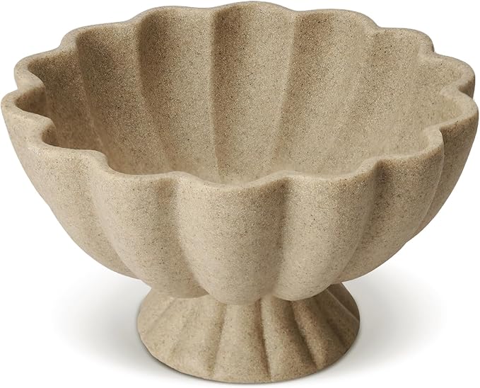 Pedestal Decorative Bowl Home Decor - Morden Resin Handmade Decorative Fruit Bowl for Kitchen Counter, Chic Ruffle Bowl Centerpiece Decor for Dining Table Coffee Table (Artificial Stone Beige)
