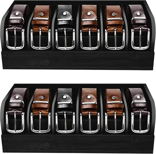 GTI Belt Organizer, 2pcs 6 Compartments Belt Organizer for Closet and Drawer, Bamboo Display Case for Tie and Belt, Belt holder Storage Organizer for Men Women (Black)