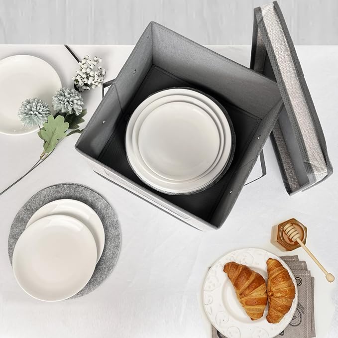 homyfort China Storage Containers With Lid and Handles, Dinnerware Storage Box for Dishes with 12 Felt Dividers, Hold 24 Plates,12 x 12, Set of 2, Light Grey