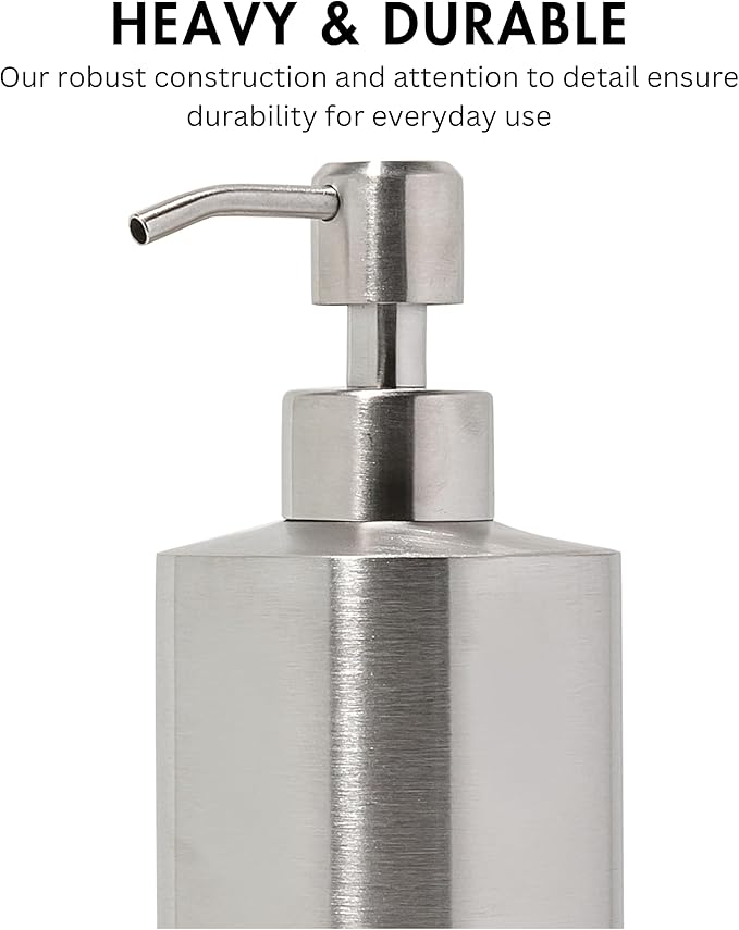 Silver Soap Dispenser Stainless Steel for Bathroom and Kitchen Sink, 15oz Refillable Round Rustproof Hand Dish Soap Dispenser Pump for Detergent, Lotion, and Countertop