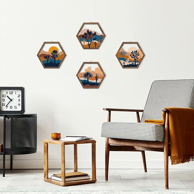 HPNIUB 4 Pcs Boho Mountains Scenery Wall Art Decor, Farmhouse Abstract Sunrise Trees Desert Cactus Hanging Wood Sign for Living Room, Aesthetic Bohemian Botanical Wooden Plaque for Apartment Bedroom(11''x9.8'')