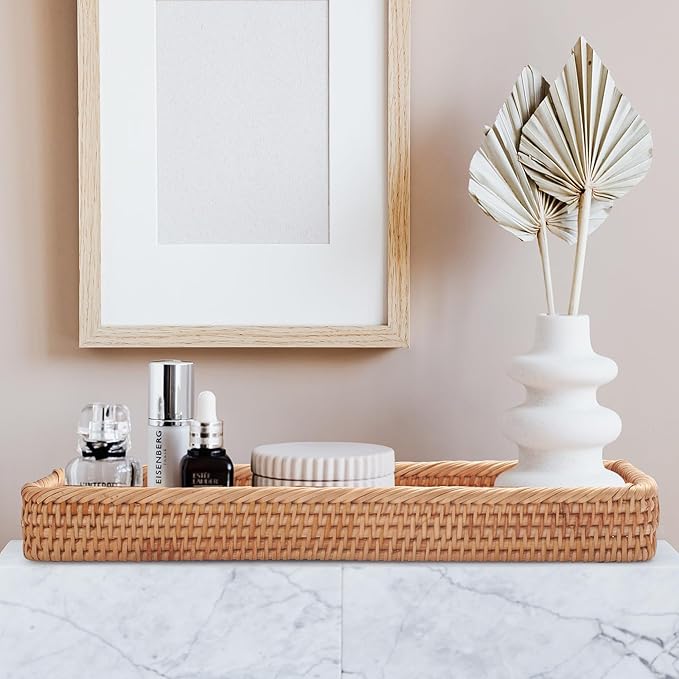 Rattan Bathroom Vanity Trays Toilet Tank Baskets Long Narrow Hand Towel Storage Basket for Storage, Decorative (Natural 16.3 x 6.1 x 2 inch)