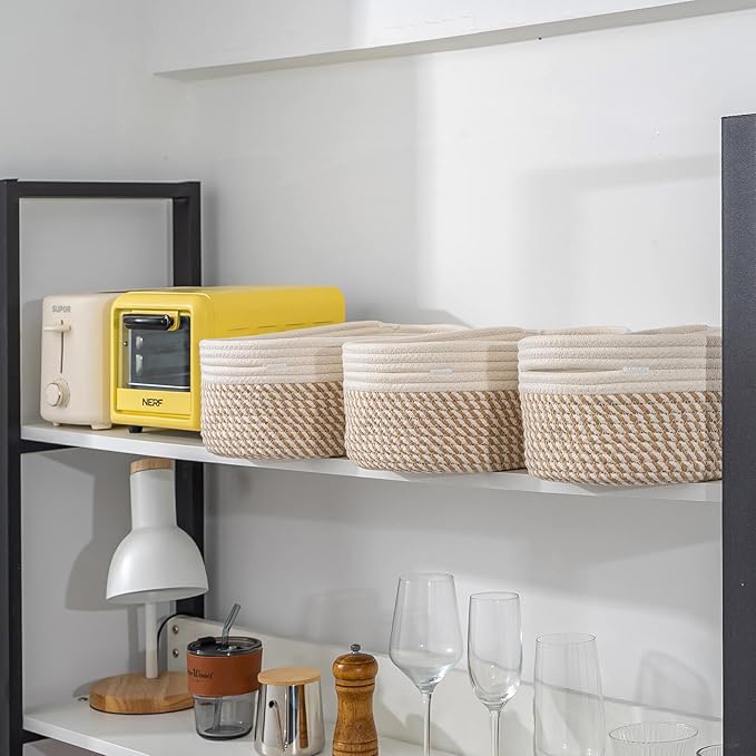 CubesLand Small Storage Baskets for Shelves, Closet Organization Bins Empty Gift Basket 2 Packs Baby Nursery Woven Organizing, Rectangular Clothes Shelves Off White/Mixed Camel