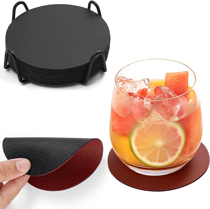 Drink Coasters With Holder - Faux Leather Set of 12, Dual Sided for Coffee Tabletop Protection, Non-Slip Washable Cups (Black Red)