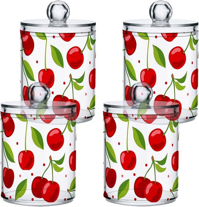 2 Pack Qtip Holder Dispenser for Cotton Ball Cherry Fruits Cotton Swab Round Pads Clear Plastic Acrylic Jar Set Bathroom Canister