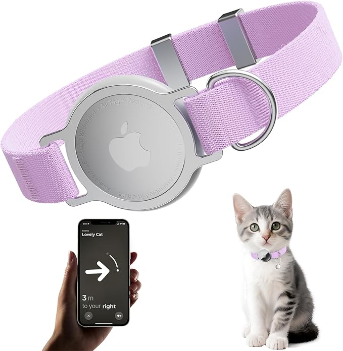 AirTag Cat Collar, Ultra Elastic Cat Tracker Collar, Airtag Holder Compatible with Apple Air Tag, [Lightweight & Scratch Resistant] Adjustable Stepless GPS Pet Collar for Cats Kittens, Purple