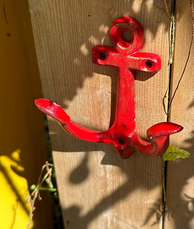 KiaoTime RED Vintage Rustic Cast Iron Nautical Anchor Design Wall Hooks Coat Hooks Rack, Decorative Wall Mounted Antique Shabby Chic Metal Home Bath Room Towel Coat Hooks Hanger