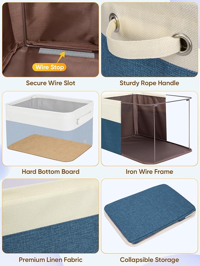 BALEINE 2 Pack Fabric Storage Bins for Shelves, Linen Storage Baskets for Organizing, Decorative Closet Bins for Clothes, Home (Navy Blue, 14''x10''x8.5'')