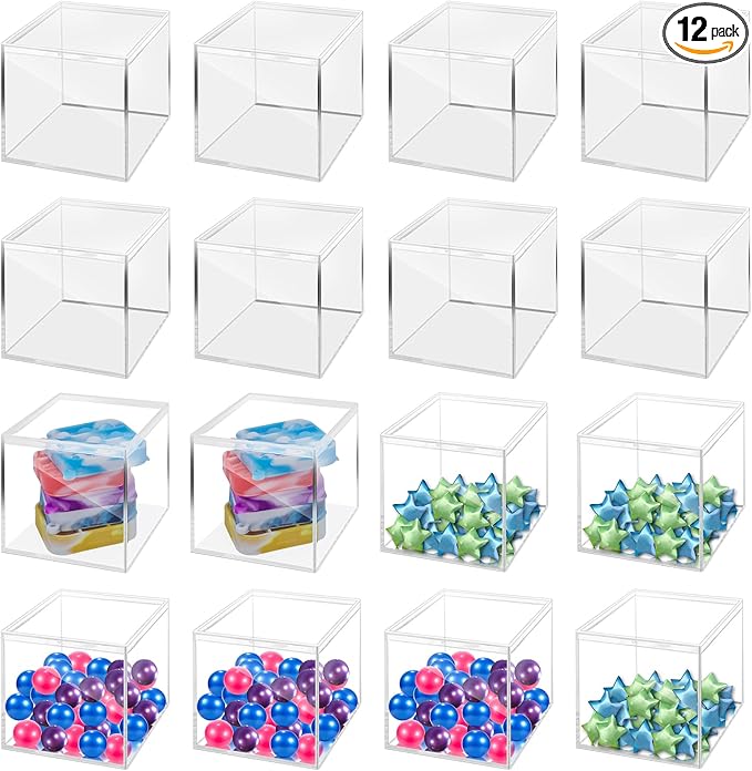 12Pack 4x4x4 Inches Acrylic Containers Clear Box with Lids for Display Acrylic Gift Box & Clear Multi Purpose Organizer Candy Storage for Cosmetics, Makeup, Jewelry, Party Favor