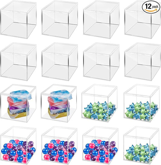 12Pack 4x4x4 Inches Acrylic Containers Clear Box with Lids for Display Acrylic Gift Box & Clear Multi Purpose Organizer Candy Storage for Cosmetics, Makeup, Jewelry, Party Favor