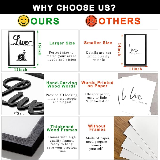 3D Wood Living Room Wall Decor, Live Laugh Love Wall Decor, Framed Love Wall Art for Living Room Bedroom Home(Ready to Hang, 12x16 Inch, Set of 3, Framed)