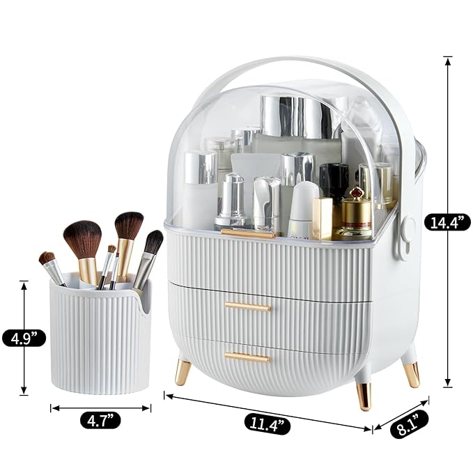 CANITORON Makeup Organizer,Skincare Organizer with 2 Drawers and Brush Storage Box,Cosmetic Display Case for Vanity Organizer and Bathroom Countertop Storage.(White)