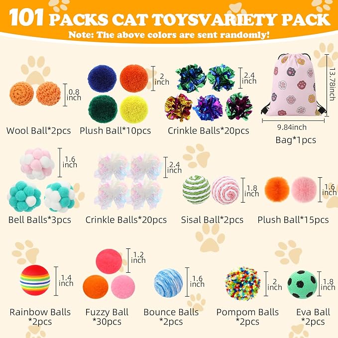 Leitee 100 Pcs Cat Toy Balls Bulk with 1 Cat Paw Gift Storage Bags Set - Variety Interactive Kitten Toys Bundle with Crinkle Ball, Balls, Bells for Kittens and Indoor Cats Chase Pounce Rattle Play