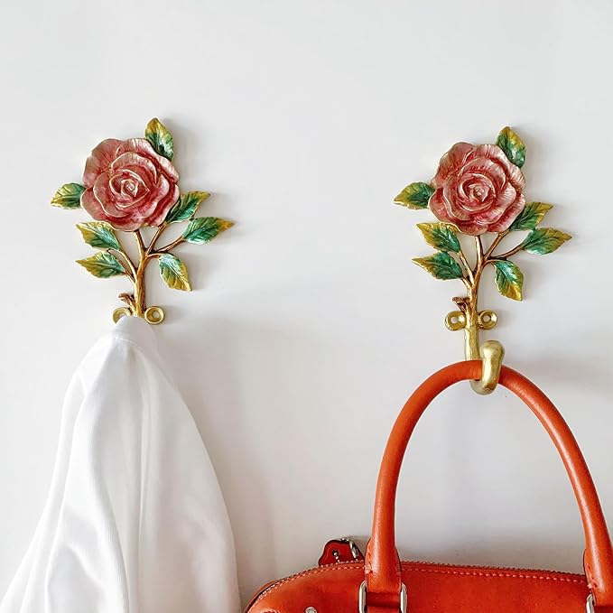 Vintage Flower Shaped Decorative Wall Hooks Rack Hangers for Hanging Clothes Coats Towels Keys Hats, 2 Pack Antique Metal Mounted Wall Hook