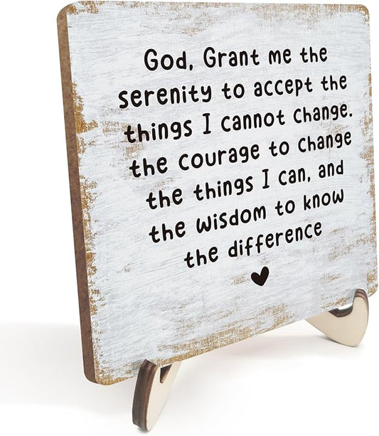 Decorative Desk Decor Motivational Mental Health Recovery Positive Plaque with Wooden Stand Inspirational Serenity Prayer Christian Wood Sign for Home Office Reading Corner Table Bookshelf