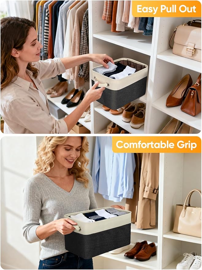 BALEINE 3 Pack Fabric Storage Bins for Shelves, Linen Storage Baskets for Organizing, Decorative Closet Bins for Clothes, Home (Black, 17''x13''x10.5'')