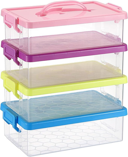 BTSKY 4-Pack Clear Plastic Storage Box with Lid, Stackable Organizer Featuring Easy-Lift Dolphin Design Multi-Use Portable Small Container for Home Craft Office Space-Saving with Secure-Clasp,4 Colors