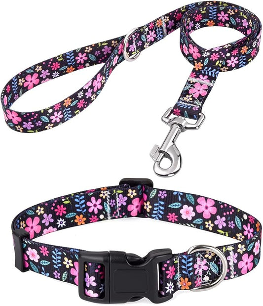 Dog Collar and Leash Set with Bohemia Floral Tribal Geometric Patterns - Soft Ethnic Style Collar Adjustable for Small Medium Large Dogs(Floral Set,L)