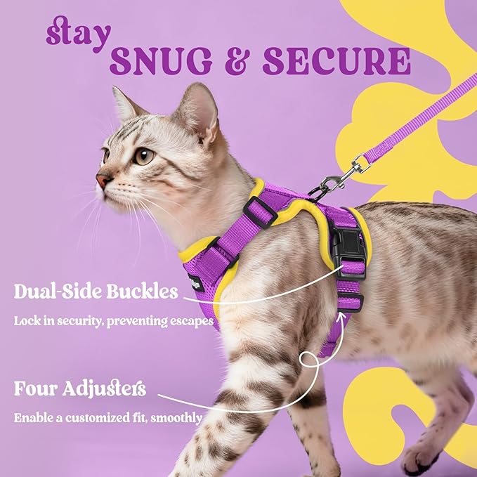 rabbitgoo Cat Harness and Leash for Walking, Escape Proof Soft Adjustable Vest Harnesses for Cats, Easy Control Breathable Reflective Strips Jacket, Purple&Yellow, M