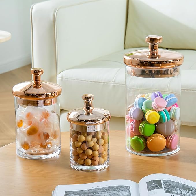 MyGift Glass Apothecary Cookie Jar Set with Copper Lid - Decorative Kitchen and Bath Storage Canisters, Wedding Centerpiece Jars, Candy Buffet with Lids