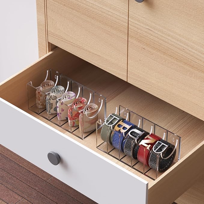 GTI Belt Organizer,Acrylic 5 Compartments belt organizer for closet and wall,Belt Storage Holder for Drawer,Clear Belt Display Case for Closet Tie and Bow Tie