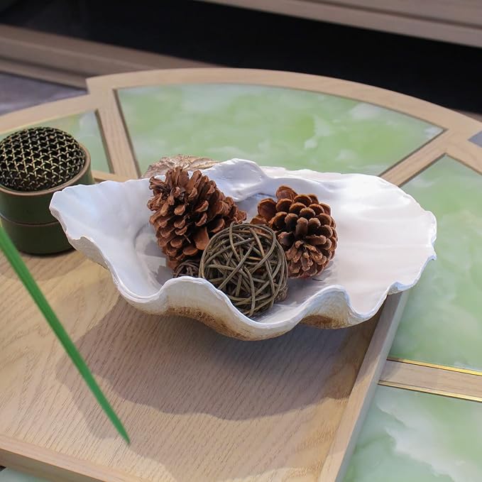 Large EarthTan-White Sea Shells Decorative Bowl Resin Clam Shell Bowl Beach Decorations for Home Coastal Beach Decor Decoration Storage Bowls & Home Office Nautical Themed Party Decor -10.2"-1PC