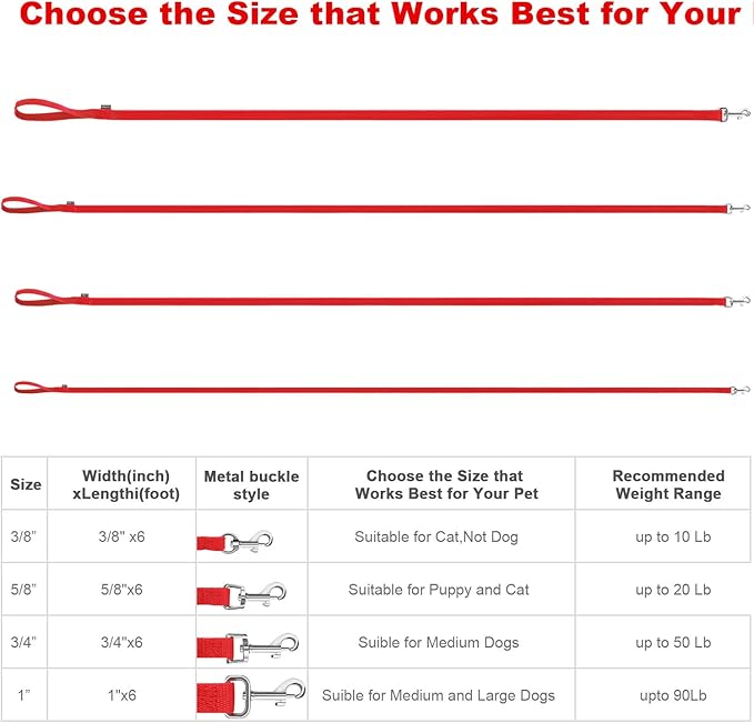 AMAGOOD 6 FT Puppy/ Dog Leash, Strong and Durable Traditional Style Leash with Easy to Use Collar Hook, Great for Small, Medium and Large Dogs (1 in x 6 ft, Red)