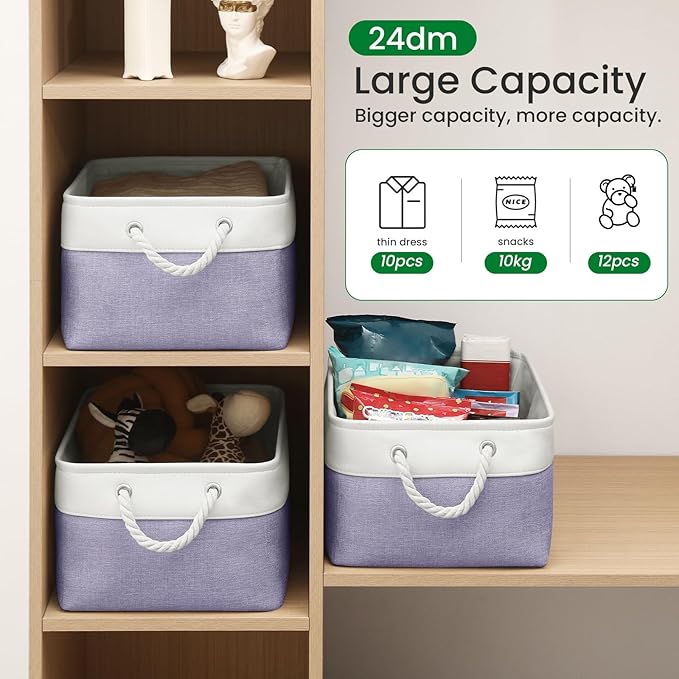 Storage Baskets, Fabric Storage Bins, Versatile Storage Baskets for Shelves with Handles, Large Closet Organizers for Shelves, Clothing, Toys, Books (3-Pack 15.7x11.8x8.2 inch, White&Purple)