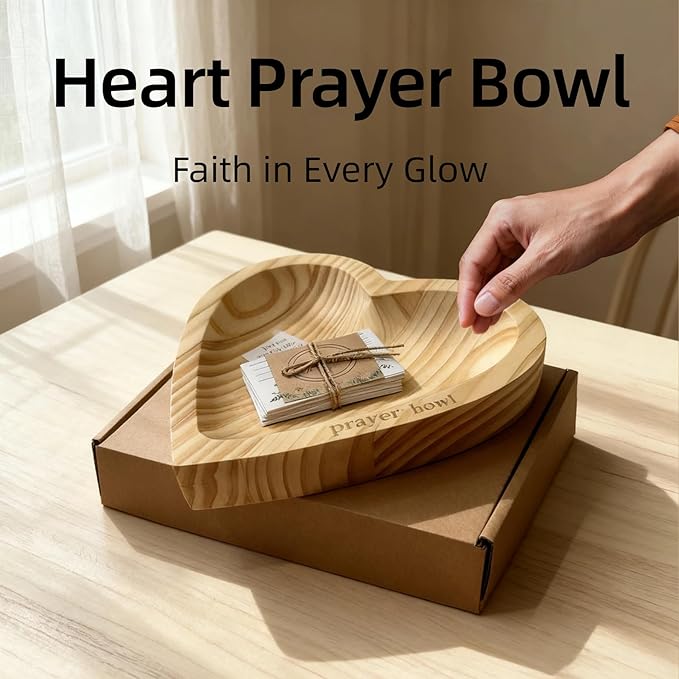 Heart Prayer Bowl with 24 Cards - Christian Heart Shaped Wooden Dough Bowl for Baptism, Handcrafted Religious Gift for Thanksgiving/Christmas/Wedding/Easter, Home Decor Accessory