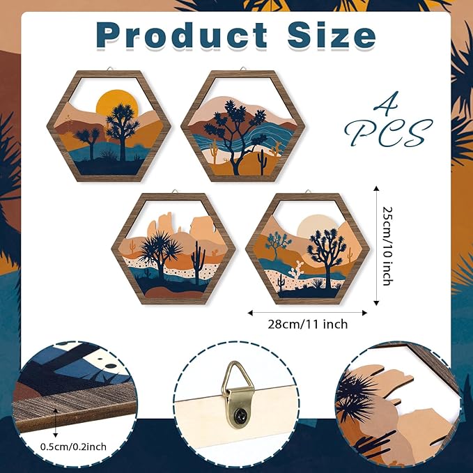 HPNIUB 4 Pcs Boho Mountains Scenery Wall Art Decor, Farmhouse Abstract Sunrise Trees Desert Cactus Hanging Wood Sign for Living Room, Aesthetic Bohemian Botanical Wooden Plaque for Apartment Bedroom(11''x9.8'')