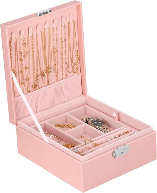 2 Layer Jewelry Box, Jewelry Organizer For Woman, Men & Girls Large Case 8.5x7.5x3.3in | PU Leather Jewelry Gift Storage Boxes For Ring, Necklace & Bracelet With Lock (Pink)
