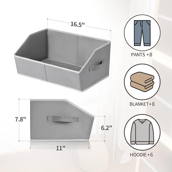 Trapezoid Closet Shelf Organizer - Large Baskets for Organizing, Fabric Storage Cubes for Shelves, Storag Organizers Bins for Clothes, Blankets, 3 Pack, Grey