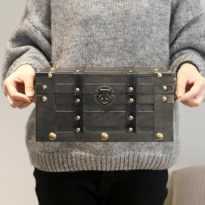 Vintage Wooden Treasure Chest (11" x 7.1" x 5.5") - Decorative Pirate Box with Sturdy Hinged Lid - Antique Style Storage Trunk for Classroom, Keepsakes, & Party Props, Black