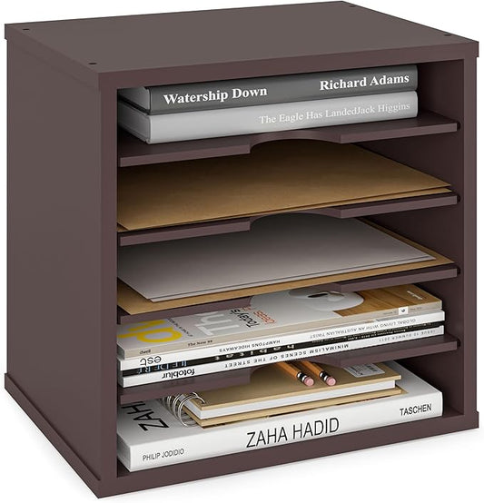 Ballucci File Organizer Paper Sorter, 5 Tier Stackable Office Desk Organizer, Classroom Letter Tray, 13 5/8" x 9 1/4" x 12", Dark Brown