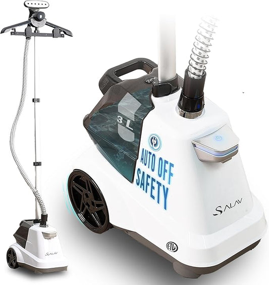 SALAV Commercial-Grade Standing Garment Steamer for Clothes with Auto-Off Safety 1800W Powerful Steam X-Large 3L Water Tank, 90-Min Continuous Use, Pedal-Control System, Beeps when Out of Water, White