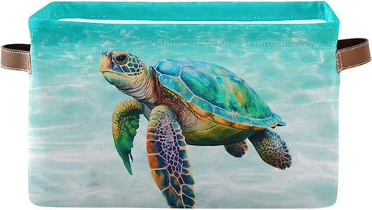 Sea Turtle Beach Large Storage Basket Cube Storage Bin Canvas Fabric Organizer Handles Collapsible Decorative for Clothes Toys Bedroom