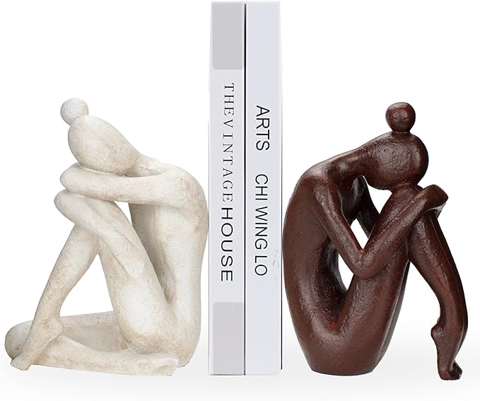 Decorative Bookends for Shelves, Unique Book Ends for Home Office Decor, Meditation Girl Statue Book Stopper for Bookshelf Decor, Modern Abstract Aesthetic Decoration White & Brown