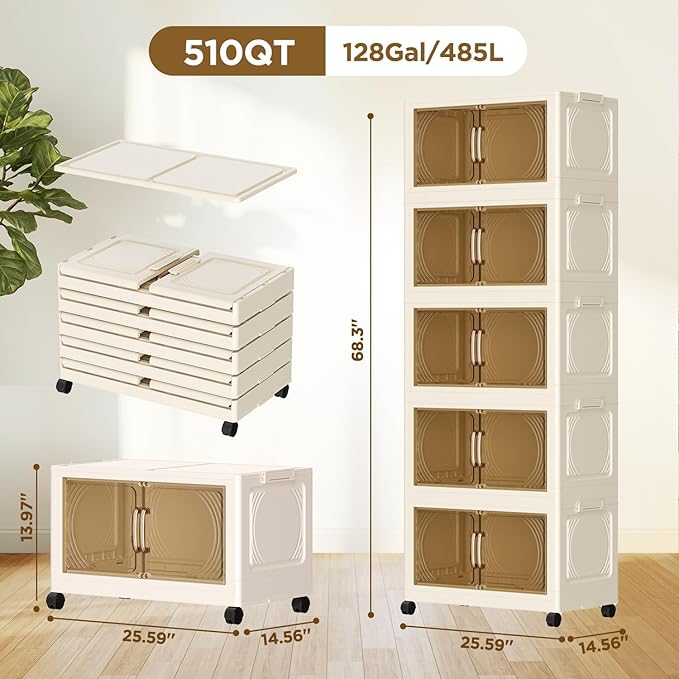 102QT Plastic 5 Tier Storage Bins with Lids,Folding Storage Box with Doors and Wheels Stackable Storage Bins,Closet Organizers and Storage for Living Room,Office,Dorm