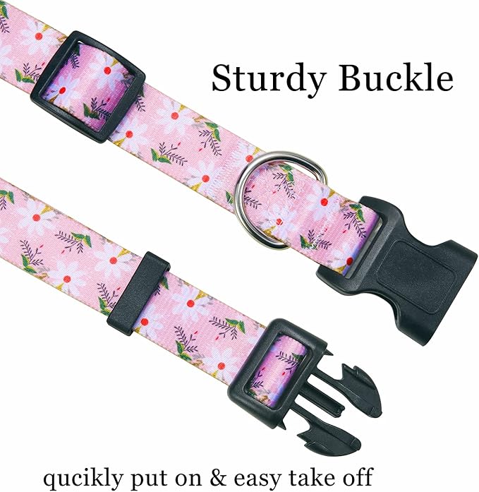 Dog Collar with Bohemia Floral Tribal Geometric Patterns - Soft Ethnic Style Collar Adjustable for Small Medium Large Dogs (Pink White Flower,S)