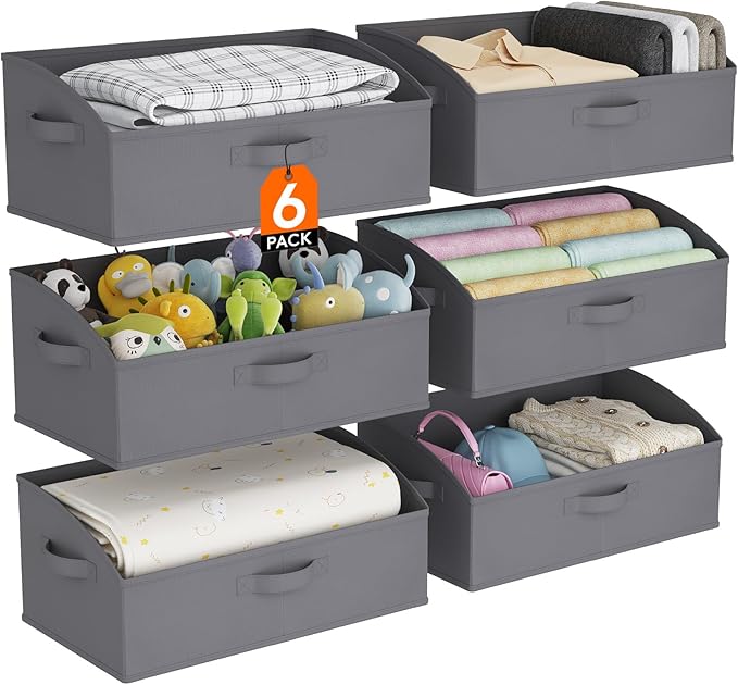 Lifewit Fabric Extra Large Trapezoid Closet Storage Bins for Shelf, 6 Pack Closet Organizer Baskets with Handles, Foldable Clothes Containers for Book, Purse, 19.7" x 11" x 7.9", 23L, Gray