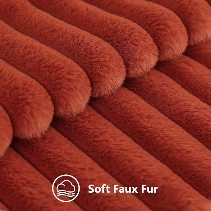 decorUhome Faux Fur Spring Throw Pillow Covers 12x20 Set of 2, Decorative Soft Plush Striped Lumbar Neutral Couch Pillow Covers with Velvet Back for Sofa, Bed, Living Room Home, Rust