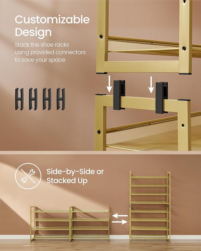 SONGMICS Shoe Rack, 8-Tier Shoe Organizer, Metal Rack for Garage, Set of 2, 4-Tier Stackable Shelf, with Adjustable Flat or Angled Shelves, 32-40 Pairs, Pale Gold ULMR08A02