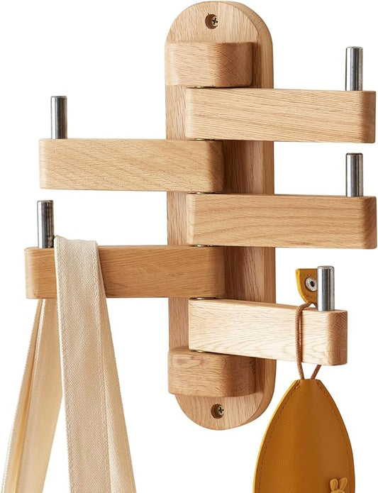 Oak Coat Hook Swivel Wall Rack, Foldable Arms 5, 12" Length Hat Hooks for Bedroom Office Kitchen, Heavy Duty (Natural)