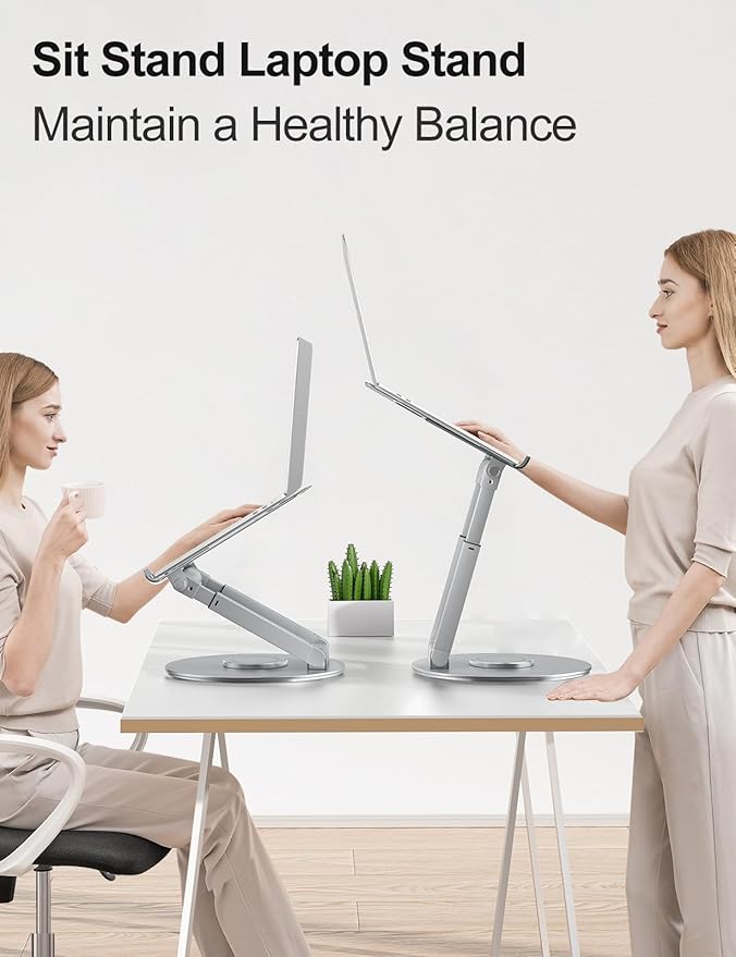 tounee Telescopic Laptop Stand for Desk with 360° Swivel Base, Sit to Stand, Height Adjustable, Portable Riser Holder for Good Posture, Compatible with All Laptops 10-17"-Silver