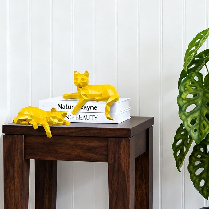 Mrlikale Bookshelf Decor Cat Statue, Modern Geometric Cat Figurines for Living Room Office Shelves Coffee Table Desk Decor – Set of 2 Minimalist Animal Statues (Yellow)