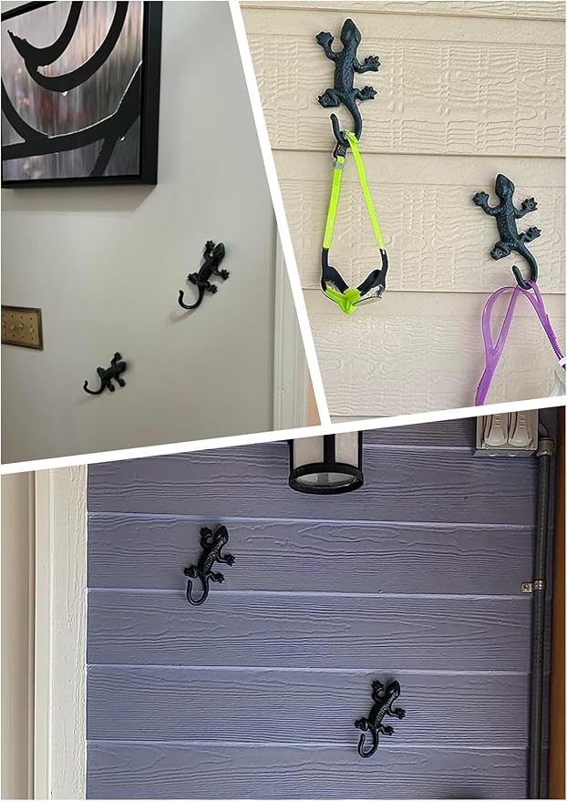 Outdoor Cast Iron Pool Towel Wall Hooks, Lovely Gecko Heavy-Duty Coat Hooks, Fun Lizard Pool Towel Holder for Outdoor and Indoor，Cool Gecko Key Holder and Wall Decor (3 Pcs)