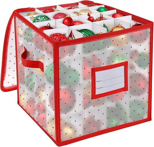 BINSUNS Christmas Ornament Storage Box, Christmas Storage Containers Organizer Bag with Dividers - Fits up to 64 Holiday Xmas Ornaments Decorations 3" Seasons Balls(Red)