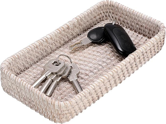 Hipiwe Rattan Key Tray Handwoven Wicker Baskets for Entryway Table Vanity Decorative Serving Tray for Candy Rectangular Fruit Basket, Whitewash